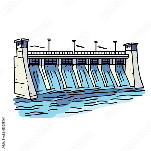 Hydropower Dam Doodle vector 2D flat illustration, isolated on a white background.