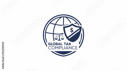 Illustration of global tax compliance logo featuring a globe scales and shield with dollar sign icon