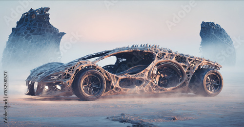 A futuristic vehicle showcases a unique bioengineered design with intricate biotissue structures. It embodies advanced technology for enhanced movement in a surreal landscape.