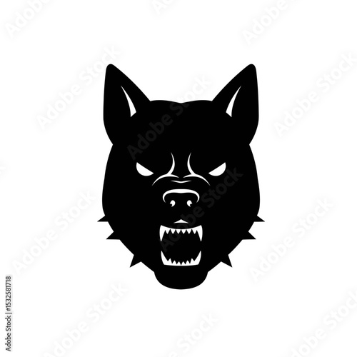Portrait of a Doberman dog. Black dog's head. Barking dog with spiked collar. Hand drawn modern isolated Vector illustration. Tattoo idea, t-shirt print, dog training logo template