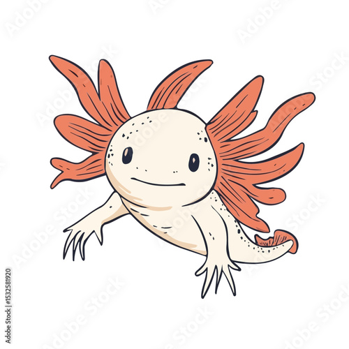 2D flat N Axolotl Doodle vector illustration, isolated on a white background.