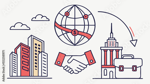 Illustration showing global business deal with buildings, handshake, globe and briefcase icon set