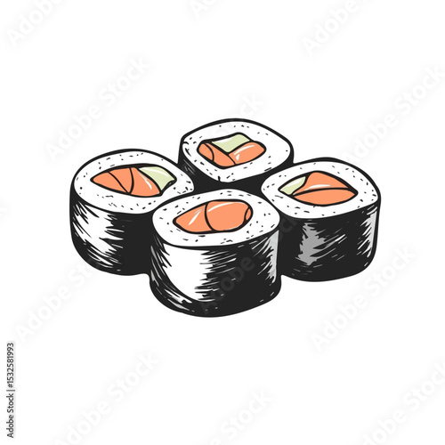 Maki Sushi Doodle illustration vector 2D flat, isolated on a white background.