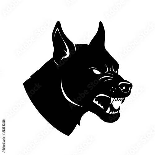 Portrait of a Doberman dog. Black dog's head. Barking dog with spiked collar. Hand drawn modern isolated Vector illustration. Tattoo idea, t-shirt print, dog training logo template