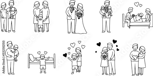 Contours of people, parents with children, wedding, birth of child, the first steps of child, love. Vector illustration
