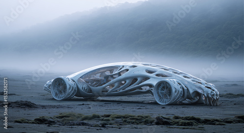 A futuristic bioengineered vehicle stands on a misty terrain.