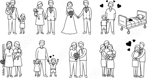 Contours of people, parents with children, wedding, birth of child, the first steps of child, love. Vector illustration
