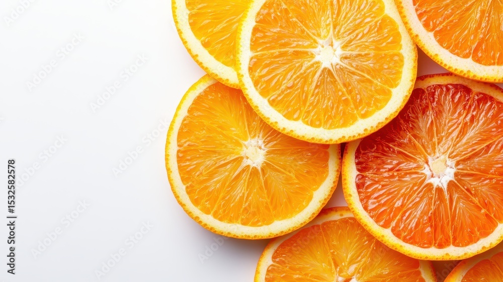 Fototapeta premium A vibrant display of freshly sliced oranges, showcasing their juicy texture and bright color against a clean white background, representing freshness, health, and summertime energy.