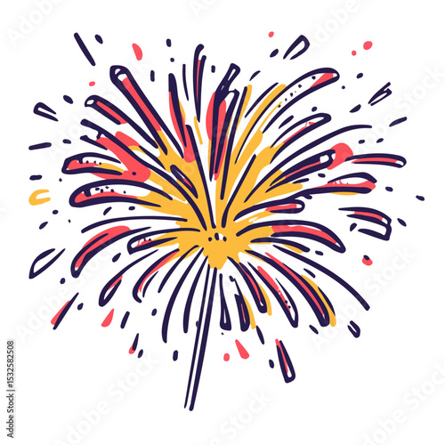 New Years Eve Fireworks Doodle vector 2D flat illustration, isolated on a white background.