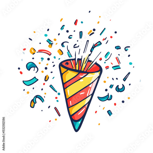 New Years Party Popper Doodle vector 2D flat illustration, isolated on a white background.