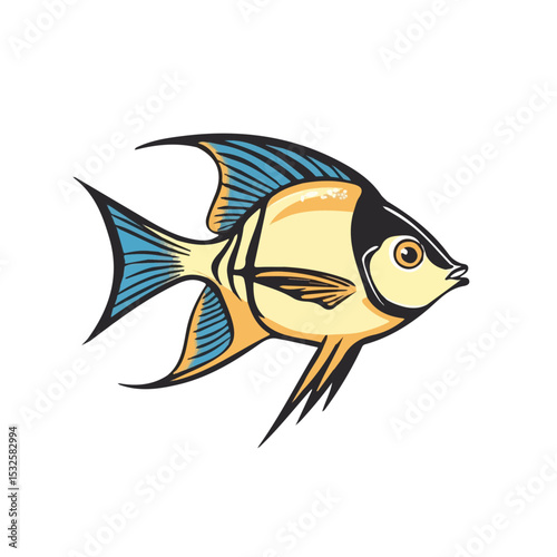 N Angelfish Doodle 2D flat vector illustration, isolated on a white background.