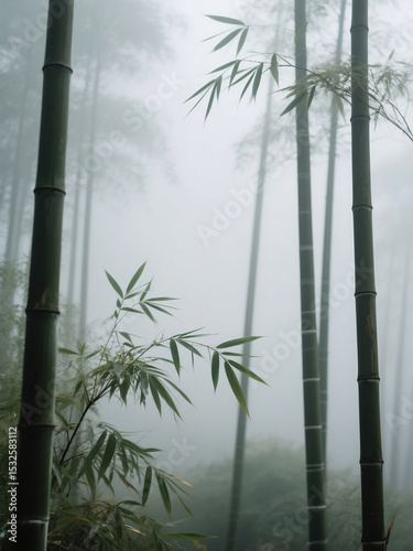 Bamboo forest background with soft morning fog and a serene zen atmosphere, ideal for calming design projects, posters, and wellness themed visuals.

