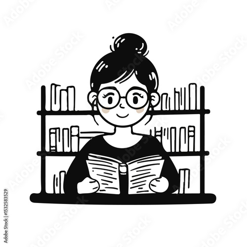 2D flat vector illustration of Librarian Doodle, isolated on a white background.
