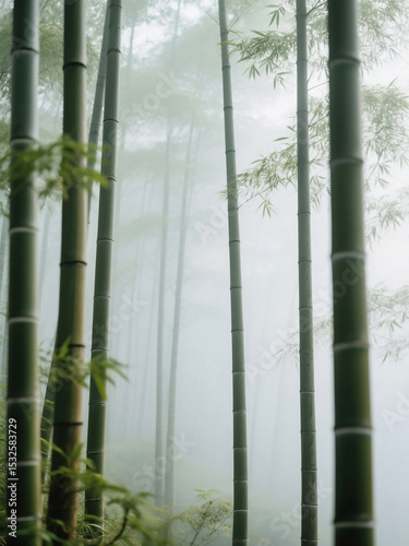 Bamboo forest background with soft morning fog and a serene zen atmosphere, ideal for calming design projects, posters, and wellness themed visuals.


