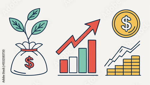 Illustration of a money bag with a plant growing out of it, a bar graph, and a stack of coins