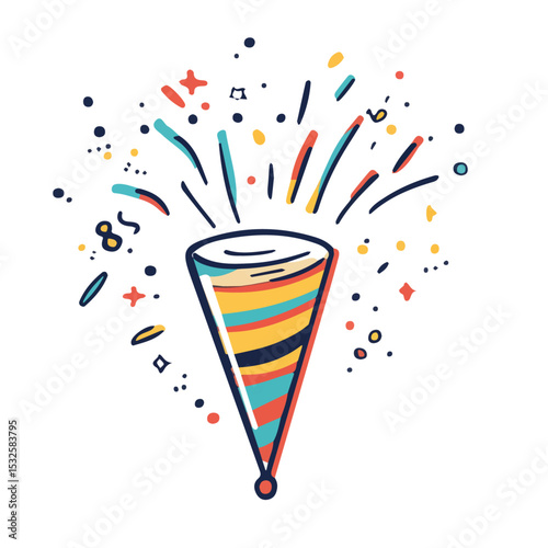 2D flat New Years Party Popper Doodle vector illustration, isolated on a white background.