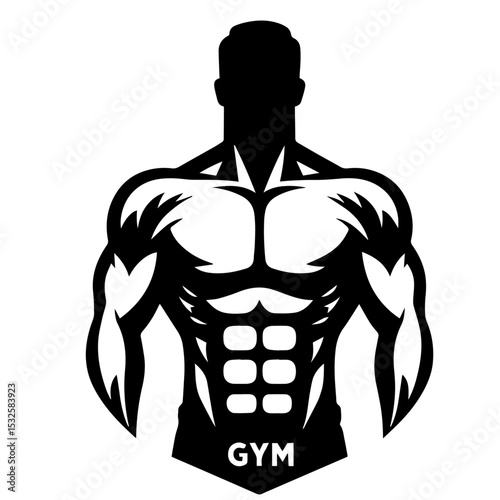 Black and white vector silhouette of a GYM Bodybuilder on white background