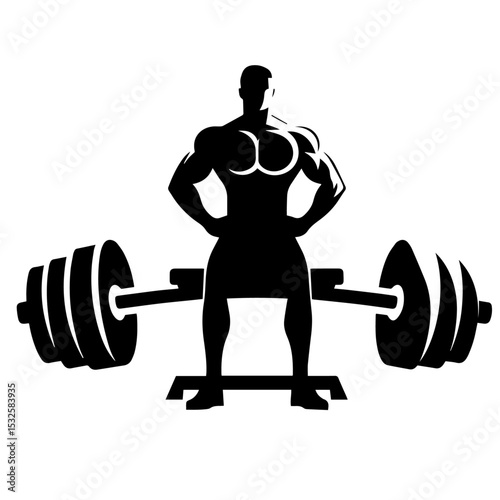 Black and white vector silhouette of a GYM Bodybuilder on white background