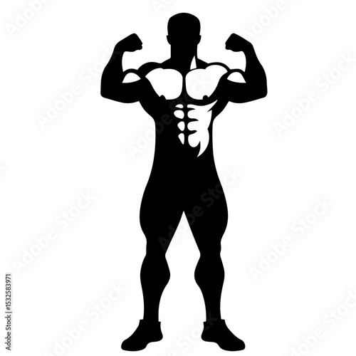 Black and white vector silhouette of a GYM Bodybuilder on white background