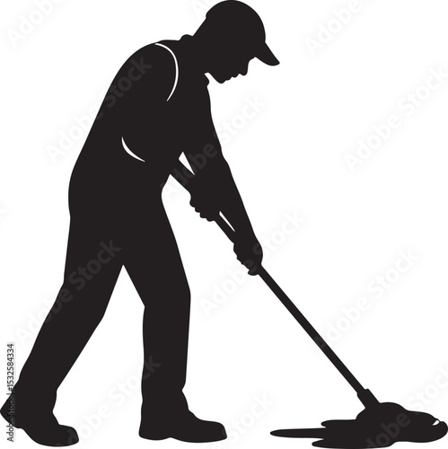 Worker with Mop Silhouette Icon Vector