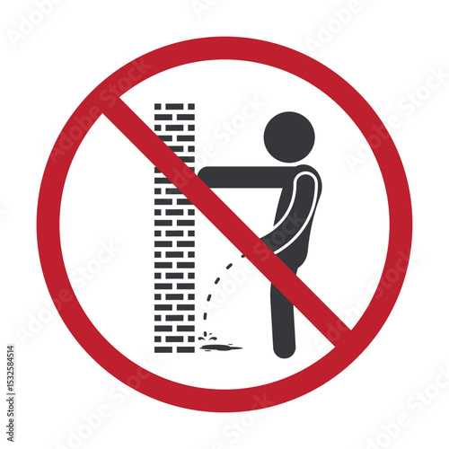 Isolated prohibition sign urinating on brick wall, commonly used for warning signs about prohibited behavior in public or private areas