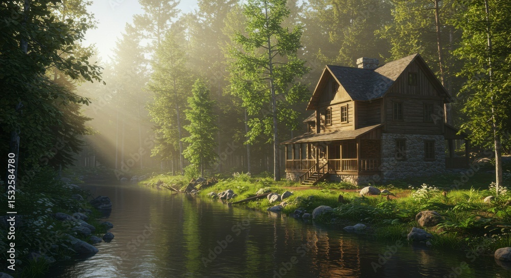 Obraz premium Cabin in misty forest