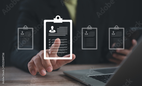 Businessman selecting a digital resume with a virtual checklist interface, representing recruitment process, candidate selection, job review, digital HR management, and performance evaluation.