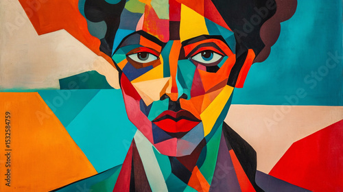 This striking portrait captures a person's face with bold geometric forms and vibrant colors.