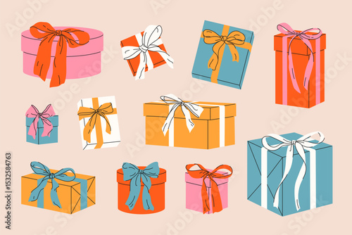 Colorful set of different gift boxes with bows. Various hand drawn present boxes with ribbons in vintage style. Trendy flat elements for decoration, invitation, present, wedding celebration, party