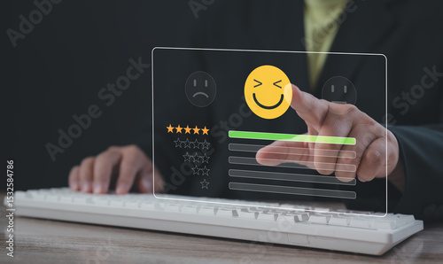 User selecting a happy face and 5-star rating on digital satisfaction scale interface, representing excellent customer experience, service feedback, business reputation, and quality performance.