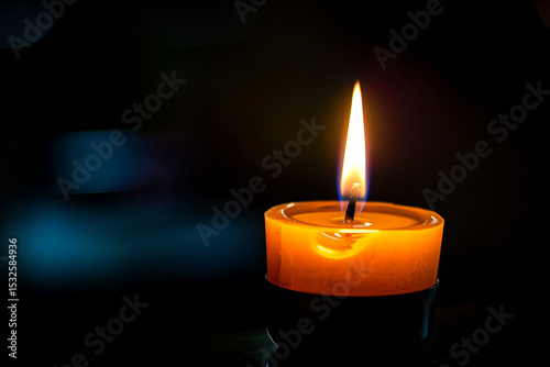 single candle flame in dark background, glowing warm light Strong symbol of hope, memory and faith.