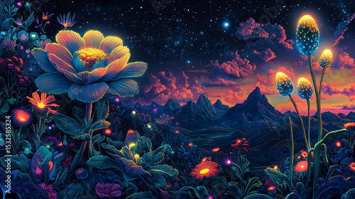 A dreamlike, glowing landscape with vibrant flowers and a starry night sky.