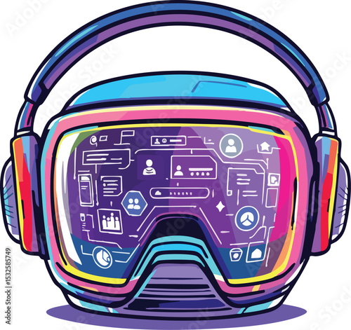 Colorful illustration of virtual reality goggles displaying data and interface elements.