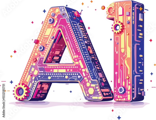 Colorful artistic illustration of ai letters with circuitry and machine component designs.