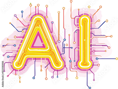 Vibrant ai technology concept illustration featuring circuitry and artistic lettering.