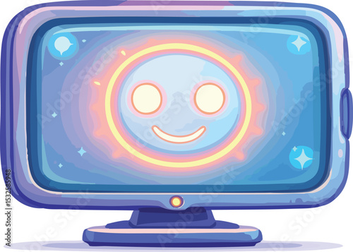 Whimsical illustration of a friendly computer monitor displaying a smiling animated sun.