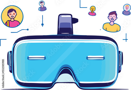 Virtual reality experience with avatars interacting immersive technology digital illustration.