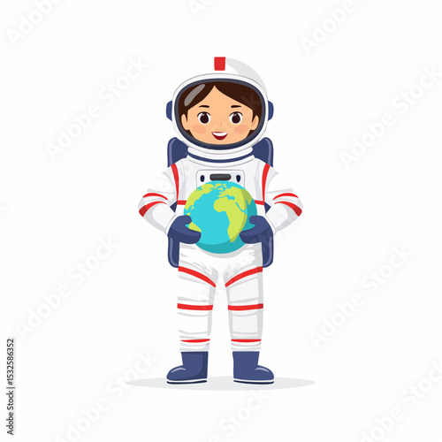 Flat vector illustration of a young astronaut in full space suit holding a small planet model, symbolizing space exploration, science, and youth curiosity