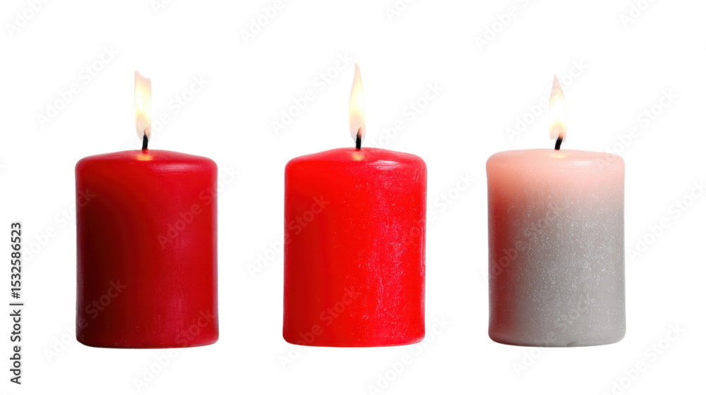 Three lit candles in red and white on transparent background Three lit candles in red and white on transparent background