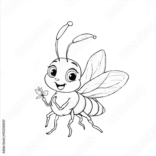 A cute cartoon bee with large eyes and a happy expression is depicted holding a small flower, showcasing its cheerful demeanor and connection to nature.