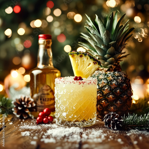 Bottle of liquor is next to a glass with a pineapple garnish