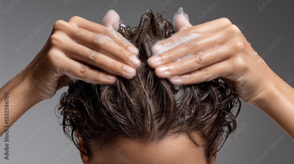 Naklejka premium Hair washing process with hands creating foam in a well-lit setting