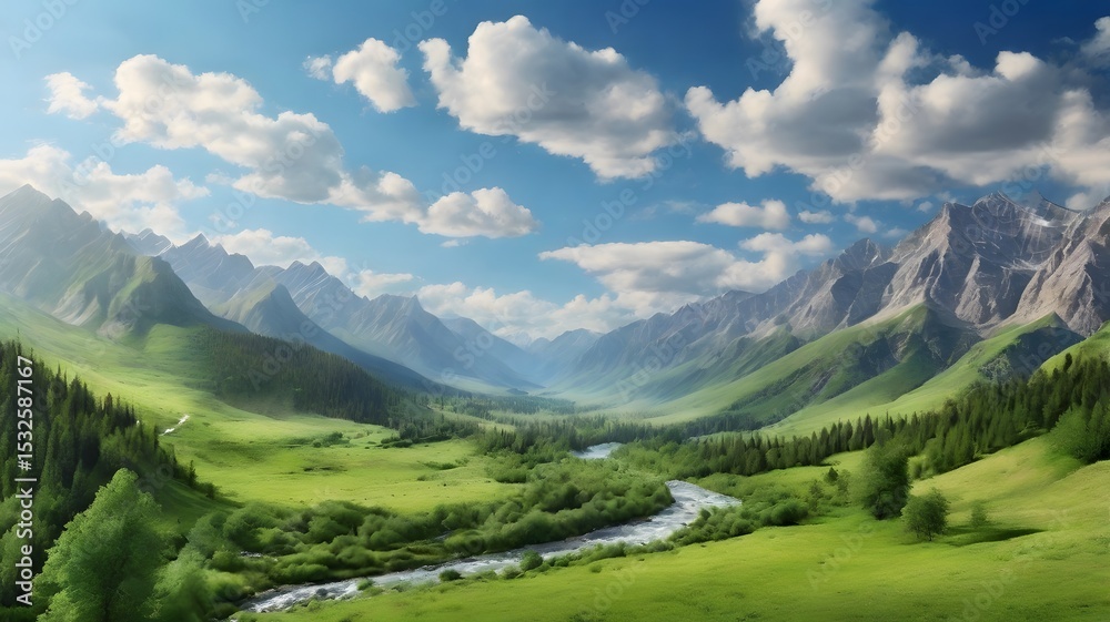 Majestic Mountain Valley Landscape: Scenic River, Lush Greenery, and Blue Sky Majestic Mountain Valley Landscape: Scenic River, Lush Greenery, and Blue Sky