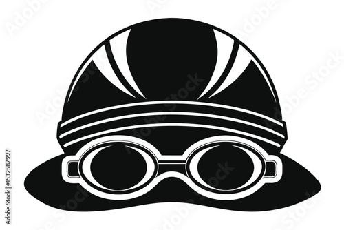 Black and White Silhouette of a Swimming Cap and Goggles Design Illustration