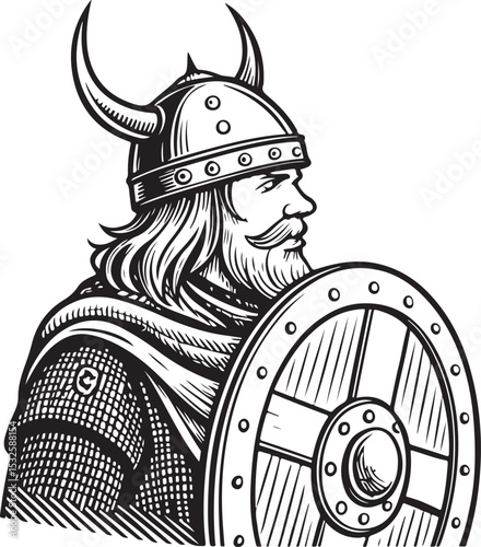 Viking Warrior Vector Illustration, Sketch Drawing Line Linear Symbol Icon Engraving Coloring Book, Hand-drawn Black and White Isolated