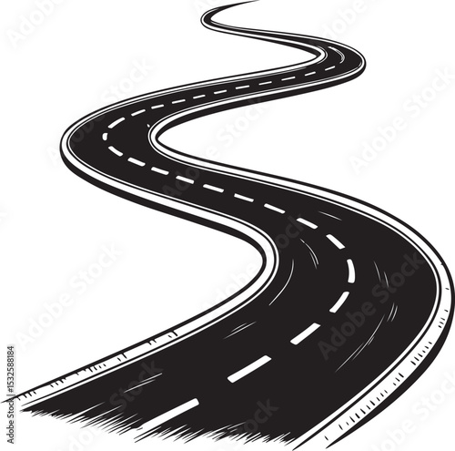 Curved asphalt road, Way Vector Illustration, Sketch Drawing Line Linear Symbol Icon Engraving Coloring Book, Hand-drawn Black and White Isolated