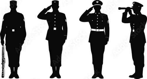 Vector silhouette of military soldiers, army officers in uniform saluting, standing guard, holding weapon and binoculars