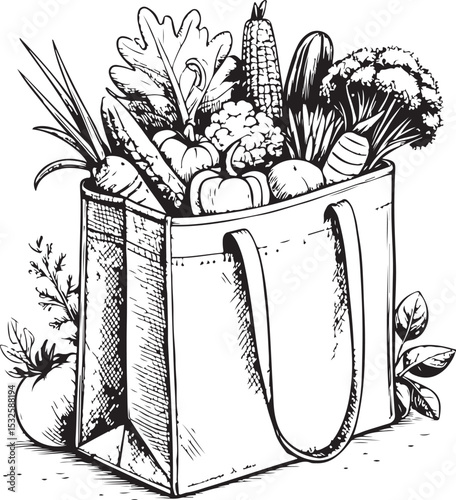 Groceries Shopping Bag with Groceries Vector Illustration, Sketch Drawing Line Linear Symbol Icon Engraving Coloring Book, Hand-drawn Black and White Isolated