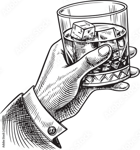 Glass of Whiskey on Rocks in Hand Holding, Alcohol and Alcoholism, Alcoholic Vector Illustration, Sketch Drawing Line Linear Symbol Icon Engraving Coloring Book, Hand-drawn Black and White Isolated