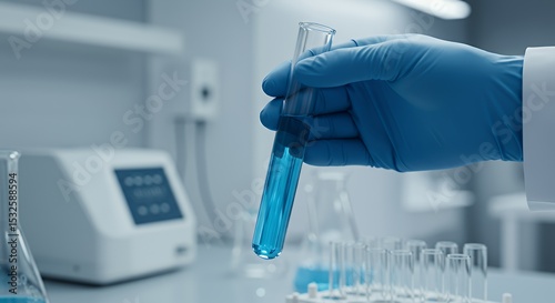 Holding Test Tube with Blue Liquid in Laboratory for Science Study